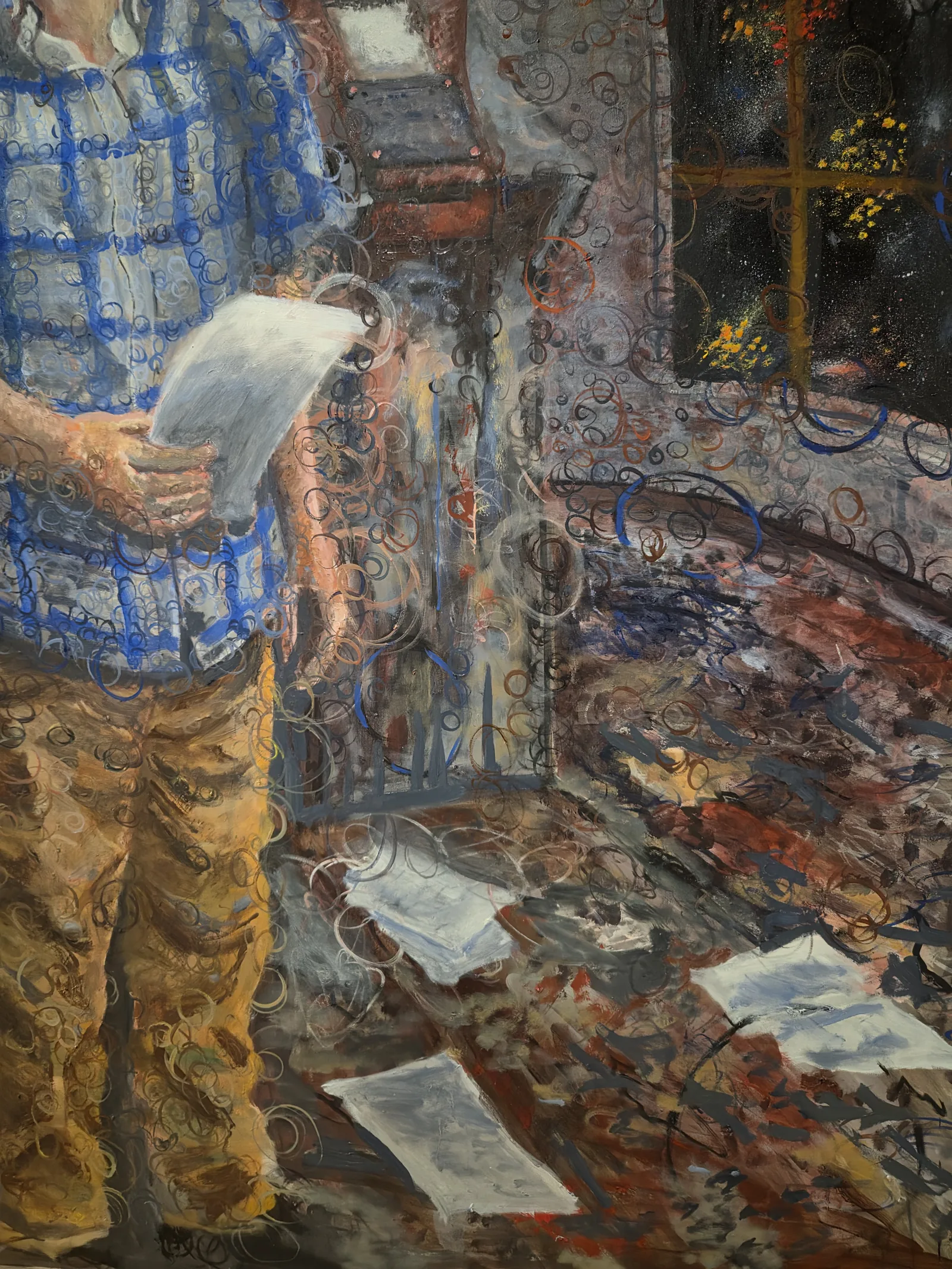 Detail of The Observer of Cosmic Expansion — Schmidt holding papers among the ruins, rings of the wave periphery across the plaid shirt, Observerism oil painting by Samuel Morrow