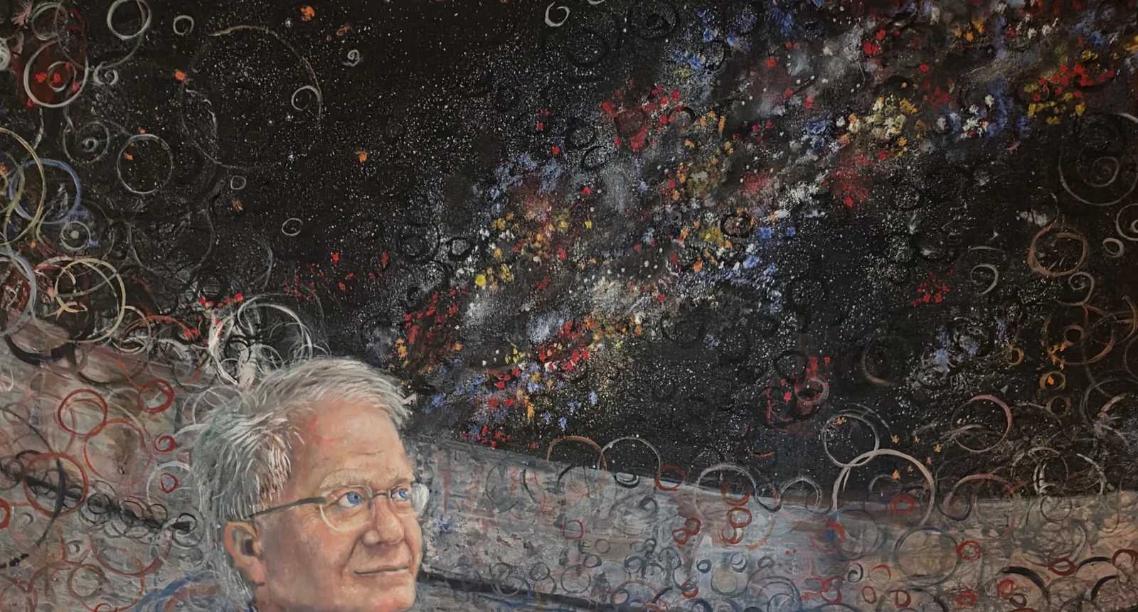 Detail of the Milky Way and spiral wave structures across the top of The Observer of Cosmic Expansion, Observerism oil painting by Samuel Morrow