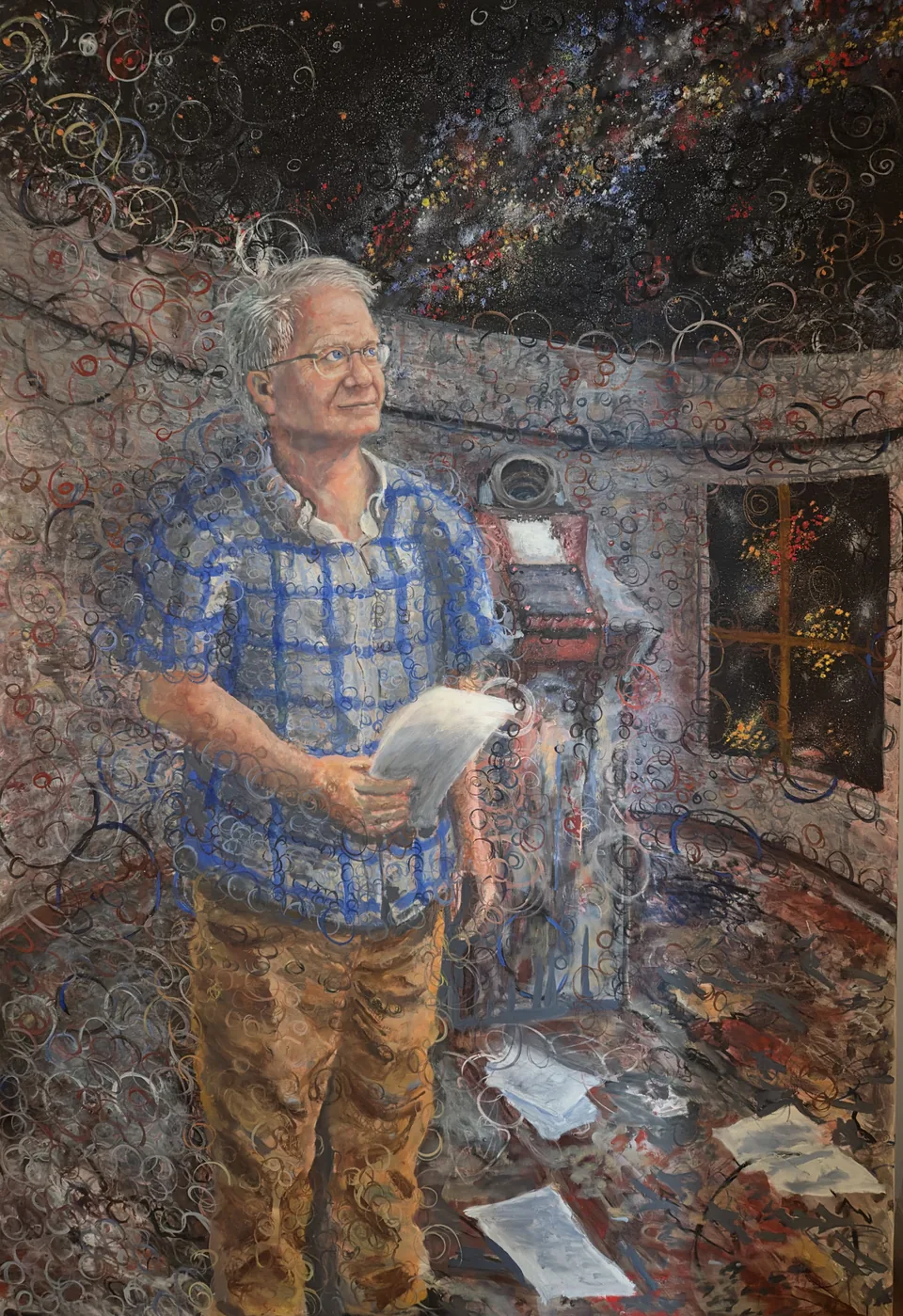 The Observer of Cosmic Expansion — Observerism portrait of Professor Brian Schmidt AC by Samuel Morrow, oil on canvas, 180 x 120 cm