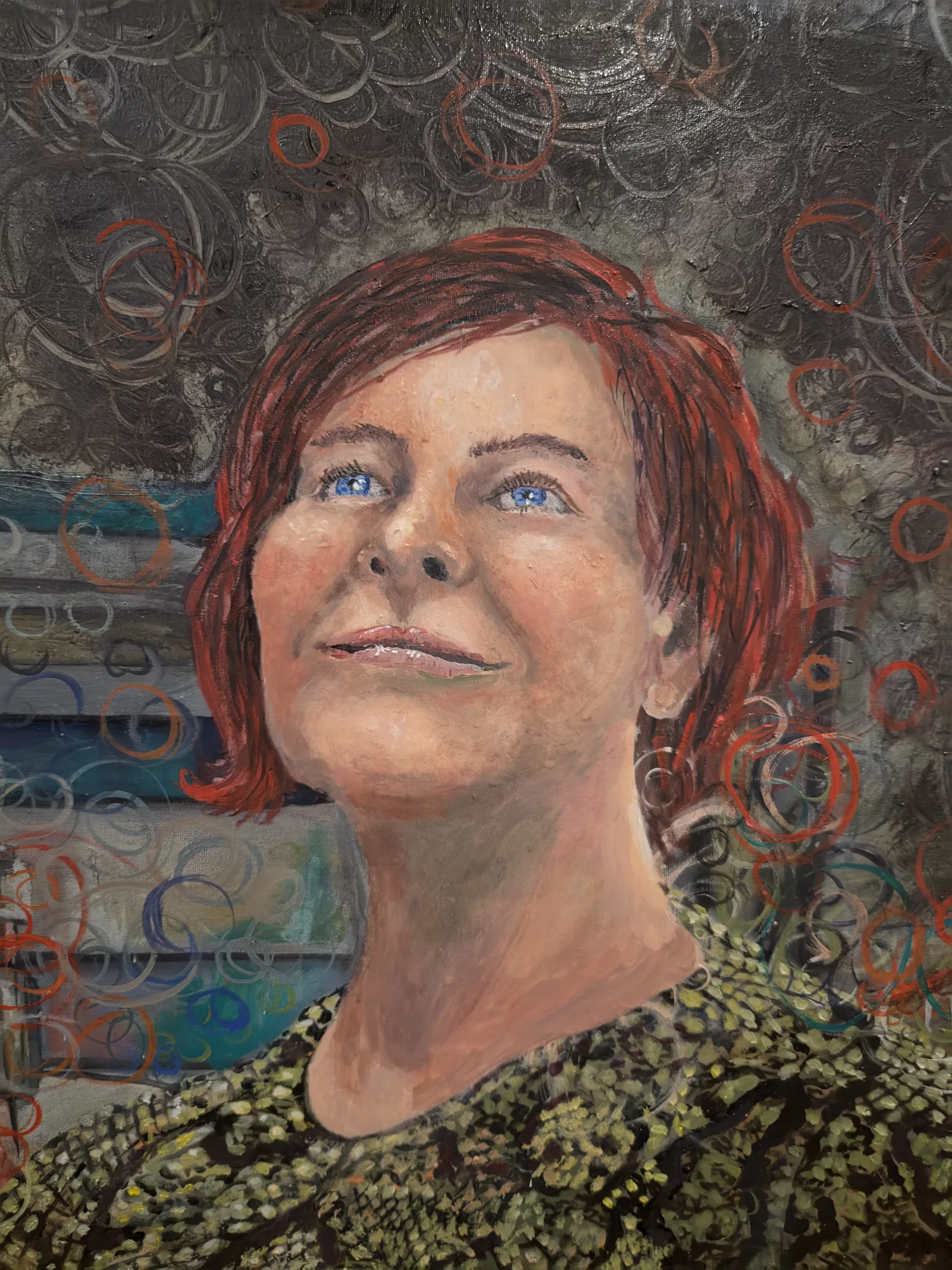 Detail of the focal zone of The Observer of Dark Matter — the face rendered fully resolved, Observerism oil painting by Samuel Morrow