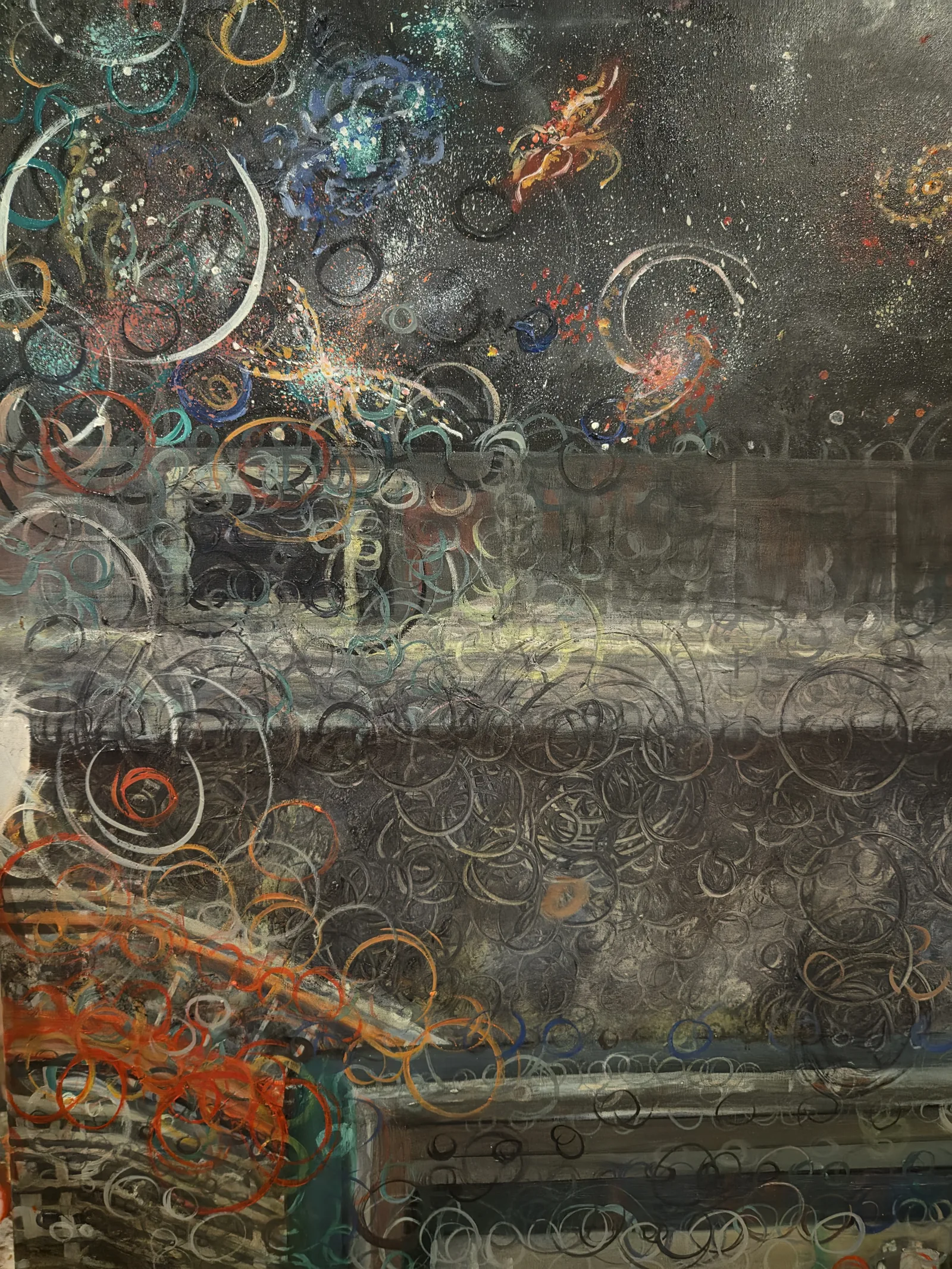 Detail of the wave periphery of The Observer of Dark Matter — painted rings and spirals of the uncollapsed field, Observerism oil painting by Samuel Morrow