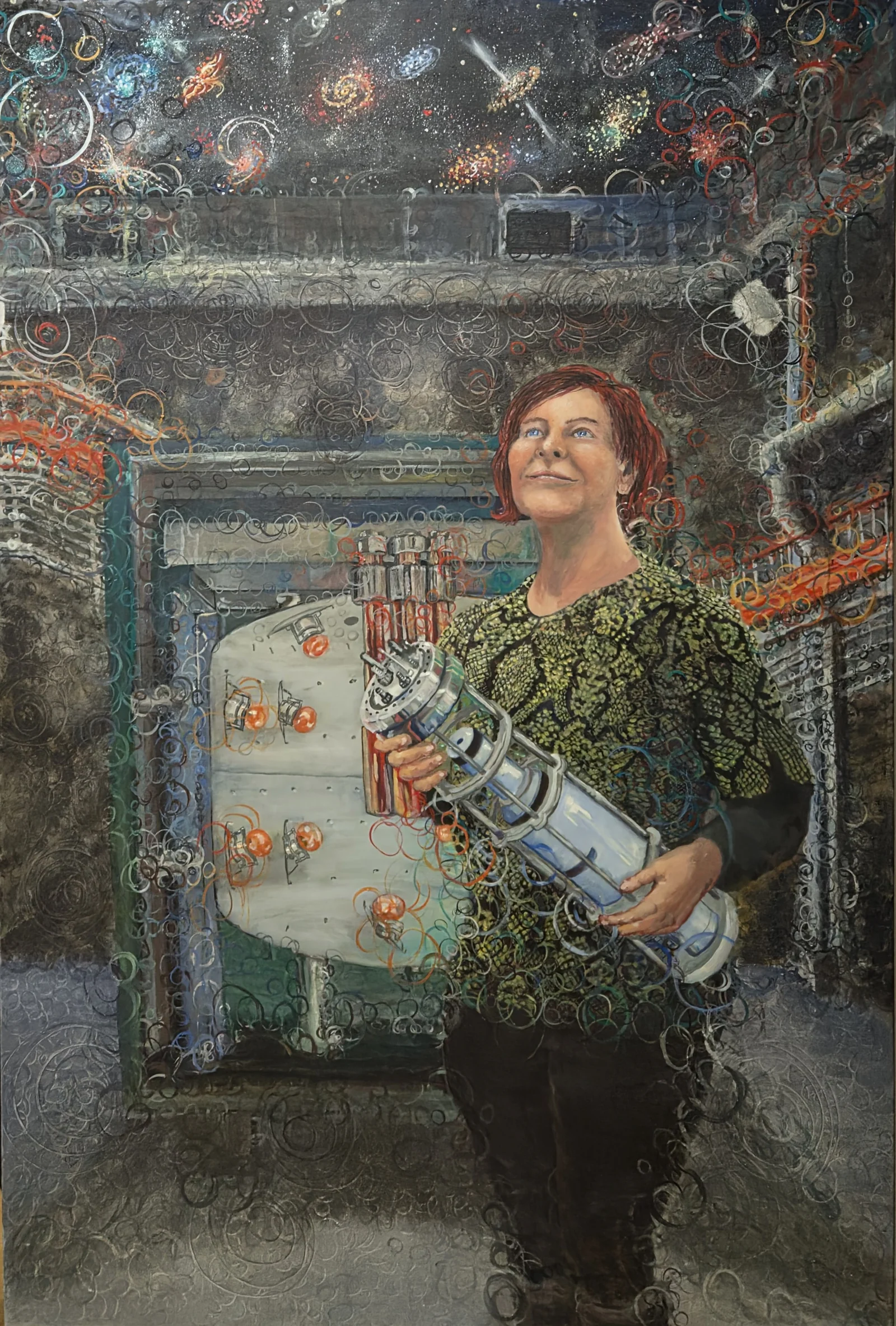 The Observer of Dark Matter — Observerism portrait of Professor Elisabetta Barberio by Samuel Morrow, oil on canvas, 180 x 120 cm, full view