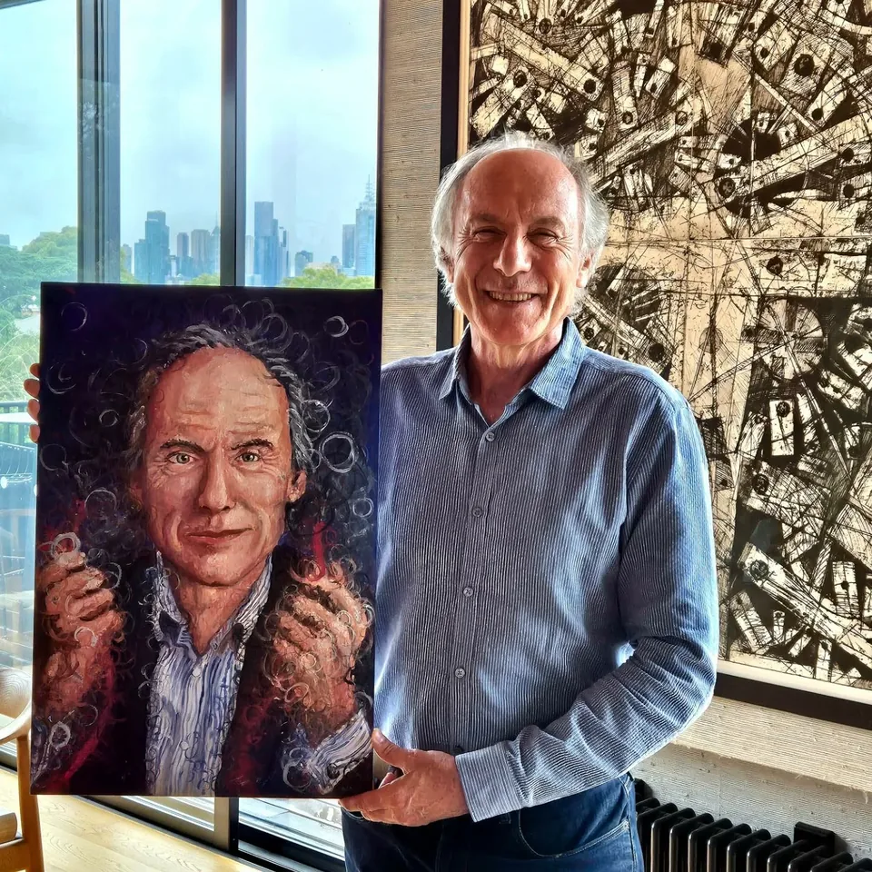 Finkel Study — smaller, darker Observerism study of Dr Alan Finkel AC, oil on canvas, 80 x 60 cm