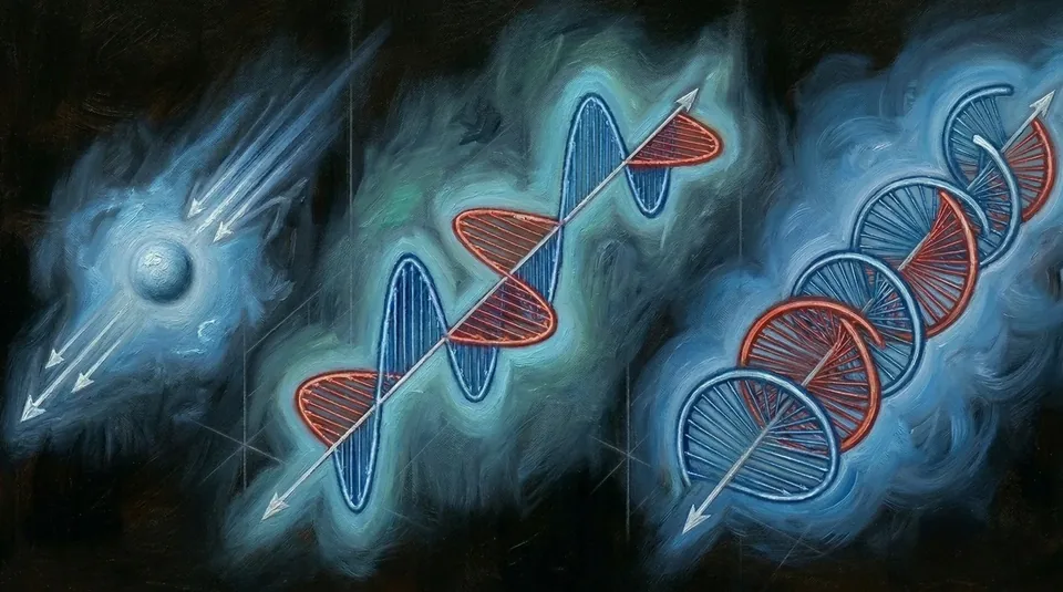 The Hidden Light — Observerism theory painting of twisting light and its dark core, by Samuel Morrow