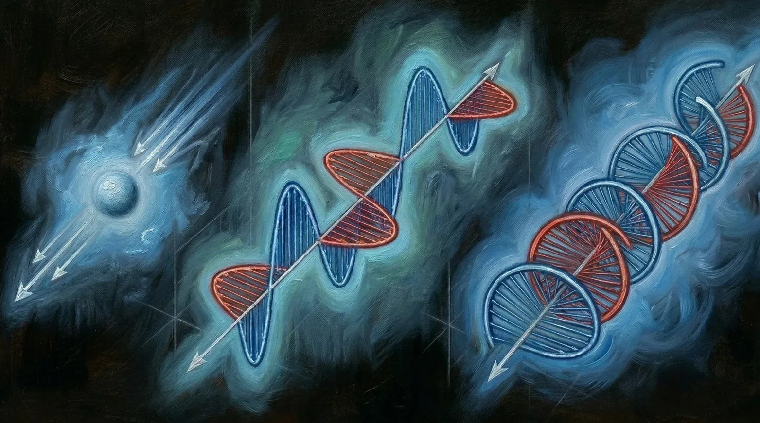 The Hidden Light — Observerism theory painting of twisting light and its dark core, by Samuel Morrow