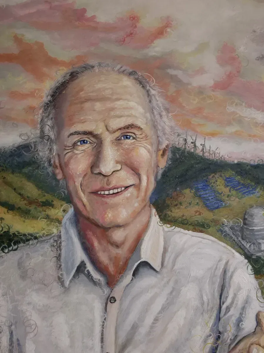 Detail of the focal zone of The Observer of National Science — the face of Dr Alan Finkel AC, Observerism oil painting by Samuel Morrow