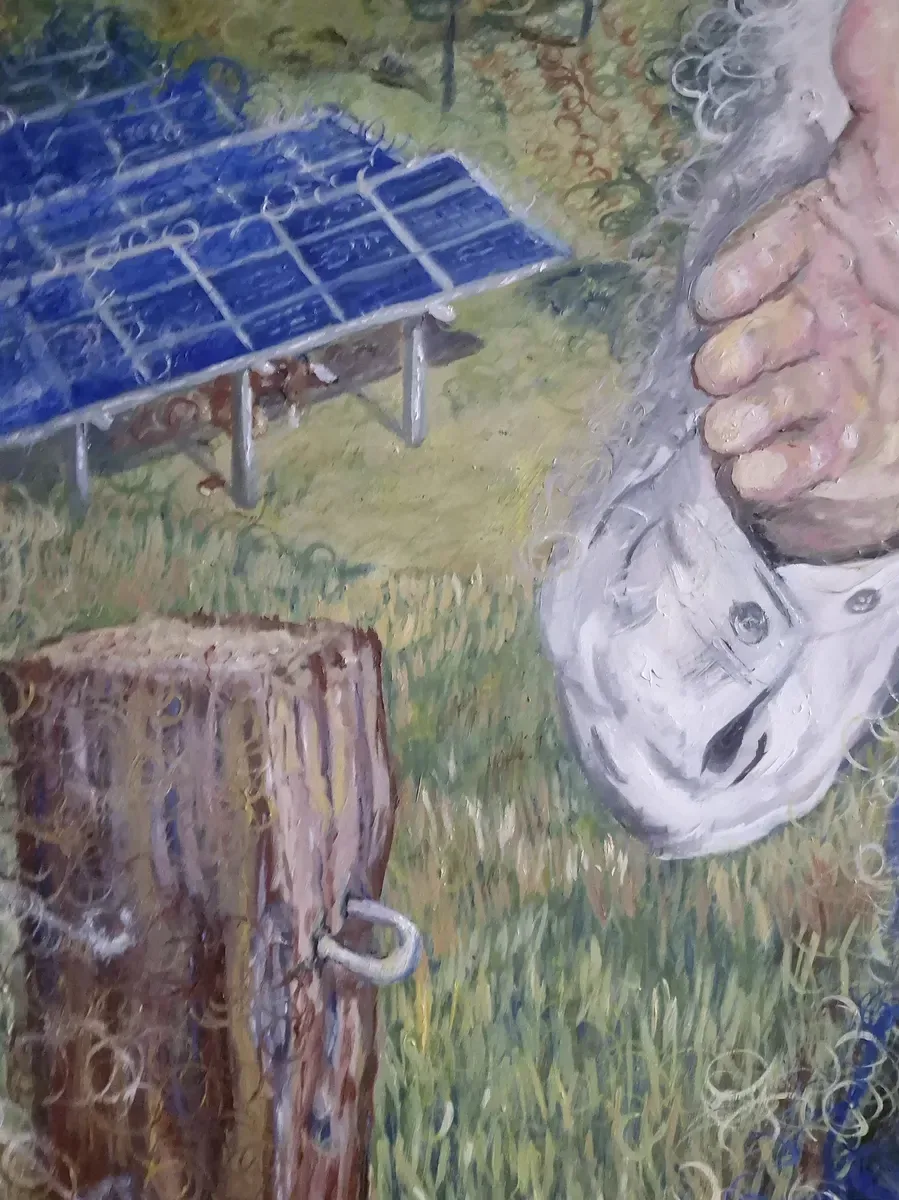 Detail of The Observer of National Science — solar farm and landscape dissolving into the wave periphery, Observerism oil painting by Samuel Morrow