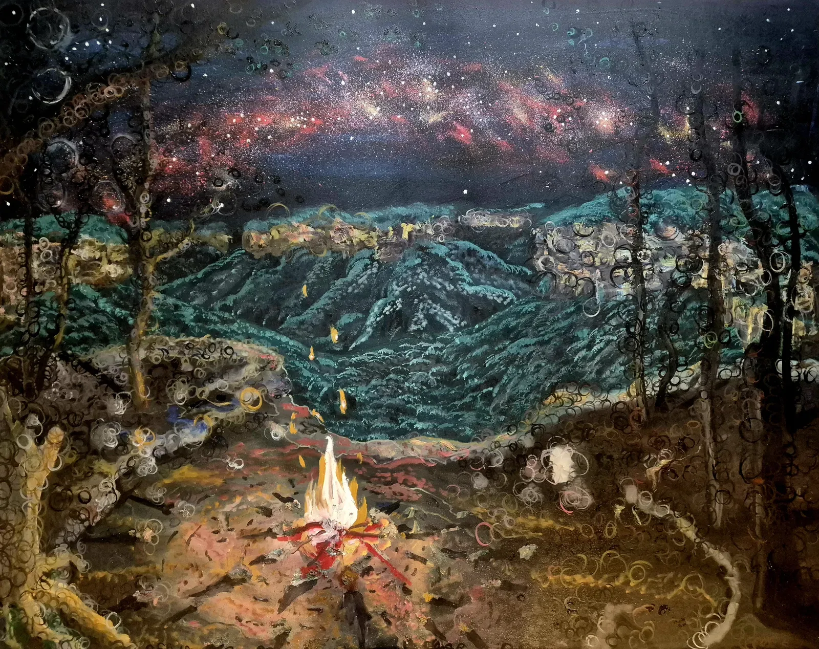 Red River Above the Blue — Observerism landscape of a Blue Mountains campfire under the Milky Way by Samuel Morrow, oil on canvas, 120 x 150 cm